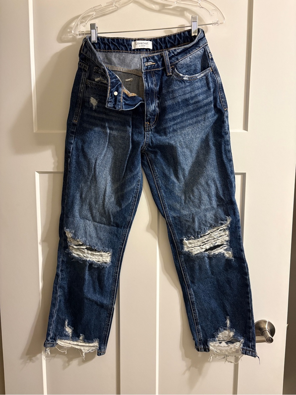 LoveRove Women's Distressed Boyfriend Jeans in Dark Blue